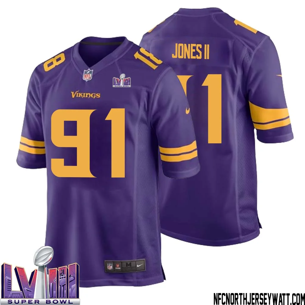 Pat Jones II No 91 Minnesota Vikings Super Bowl LVIII Alternate Game Jersey Purple for Men