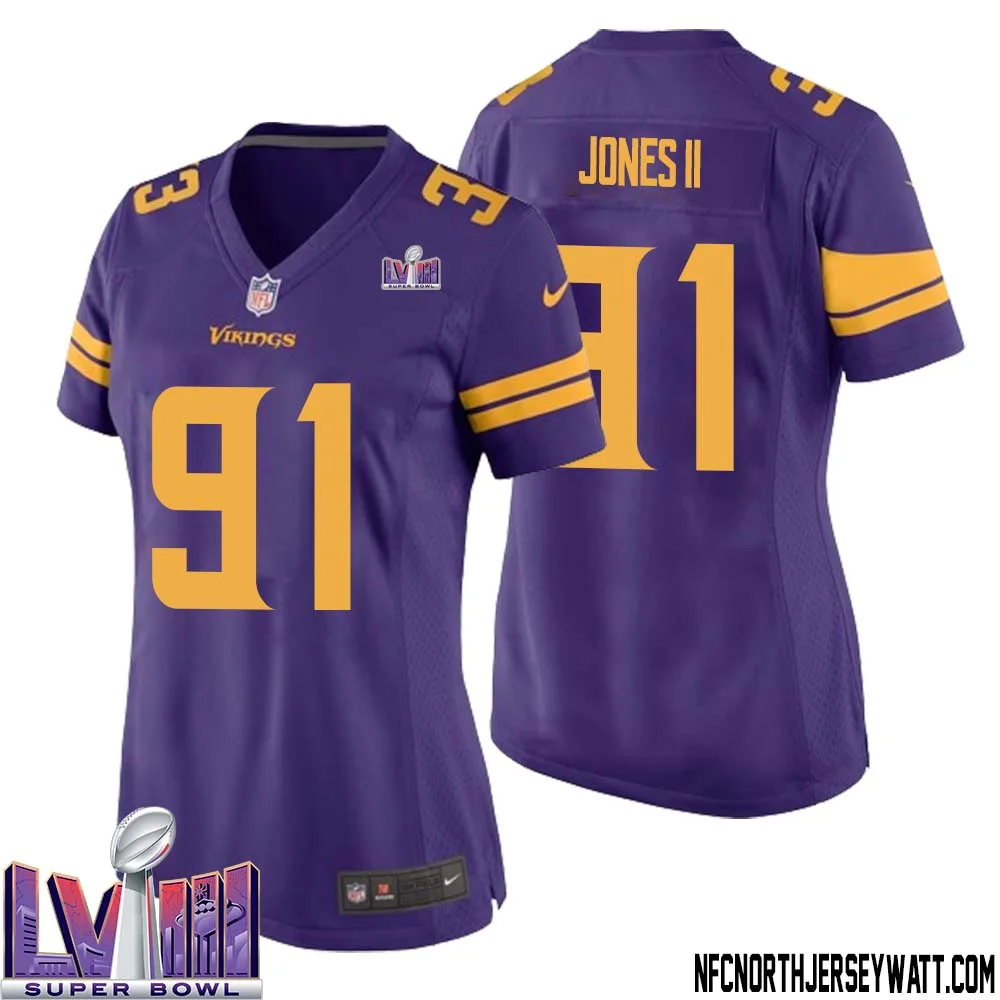 Pat Jones II No 91 Minnesota Vikings Super Bowl LVIII Alternate Game Jersey Purple for Women 1