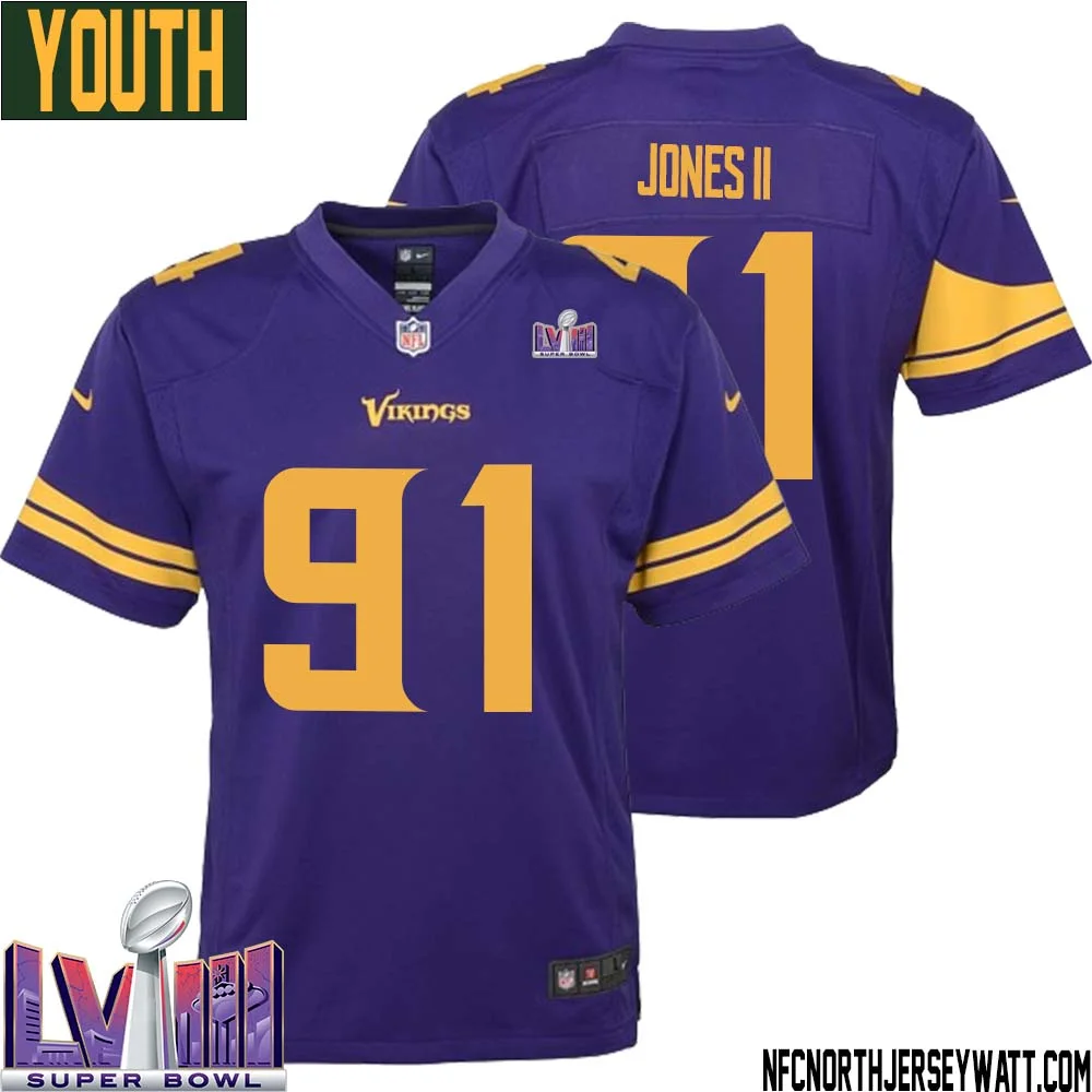 Pat Jones II No 91 Minnesota Vikings Super Bowl LVIII Alternate Game Jersey Purple for Youth