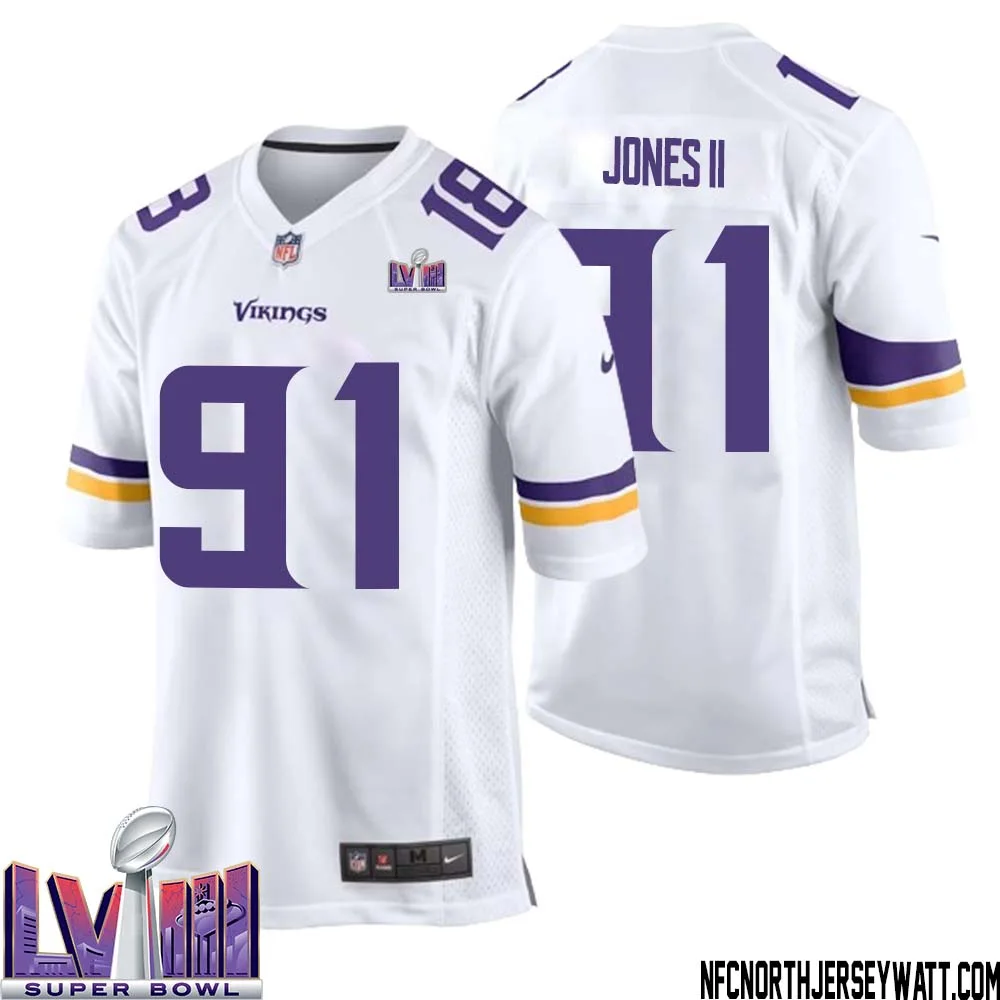 Pat Jones II No 91 Minnesota Vikings Super Bowl LVIII Away Game Jersey White for Men