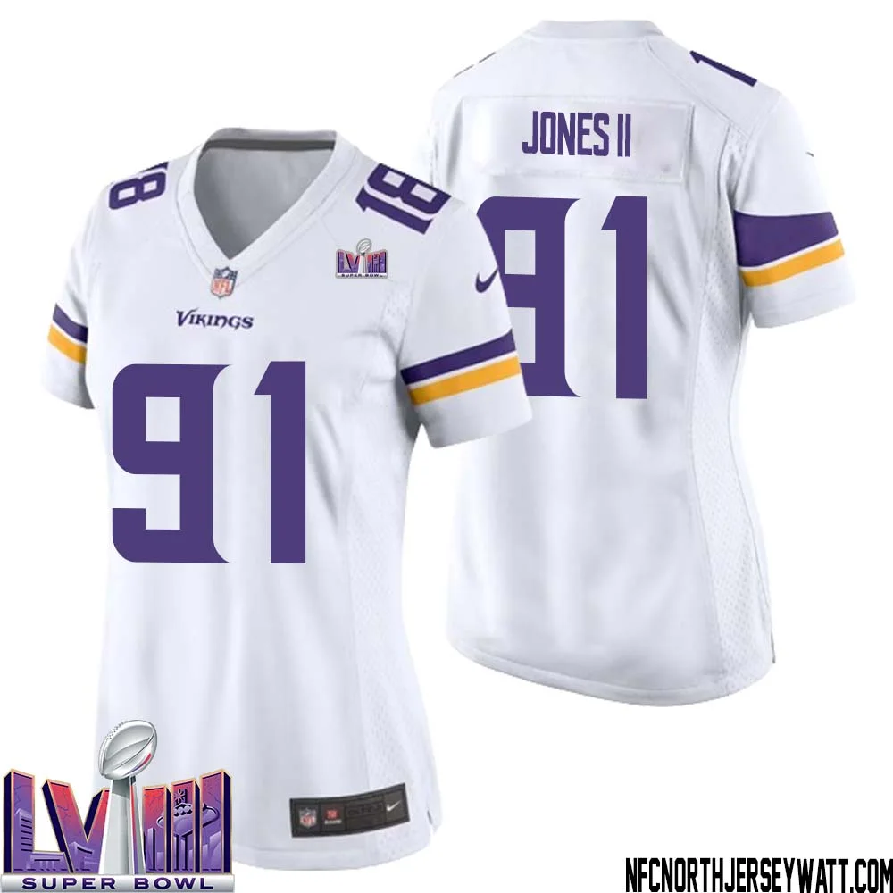 Pat Jones II No 91 Minnesota Vikings Super Bowl LVIII Away Game Jersey White for Women