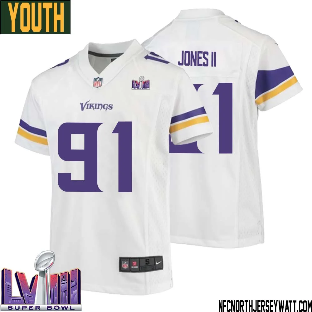 Pat Jones II No 91 Minnesota Vikings Super Bowl LVIII Away Game Jersey White for Youth
