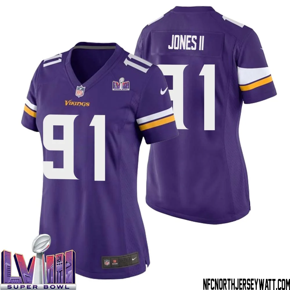Pat Jones II No 91 Minnesota Vikings Super Bowl LVIII Home Game Jersey Court Purple for Women