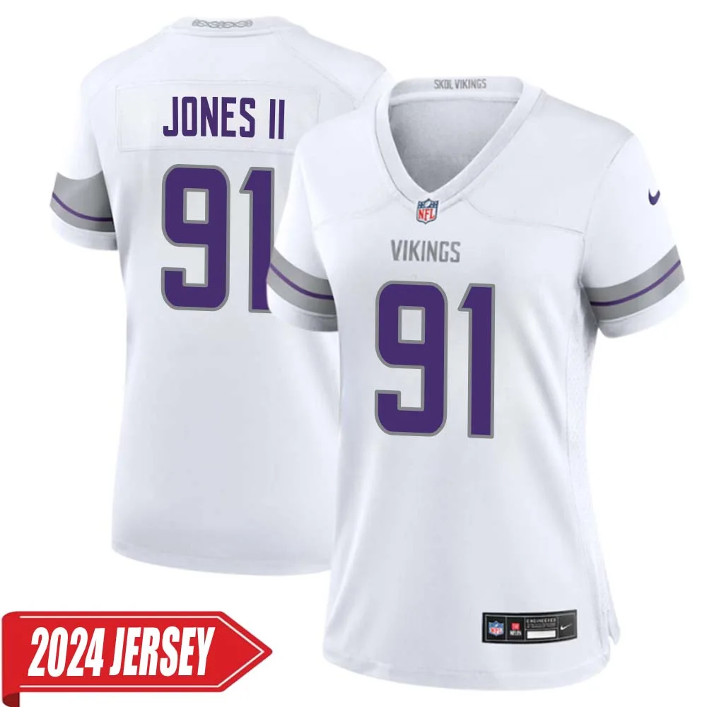 Pat Jones II No 91 Woman s Minnesota Vikings White Alternate Custom Game 2024 Jersey