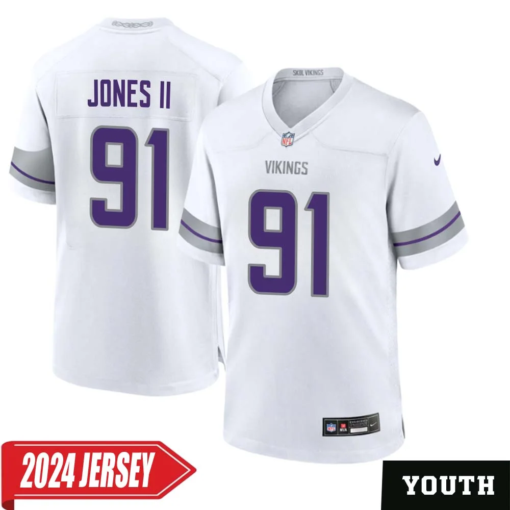 Pat Jones II No 91 Youth s Minnesota Vikings White Alternate Custom Game 2024 Jersey