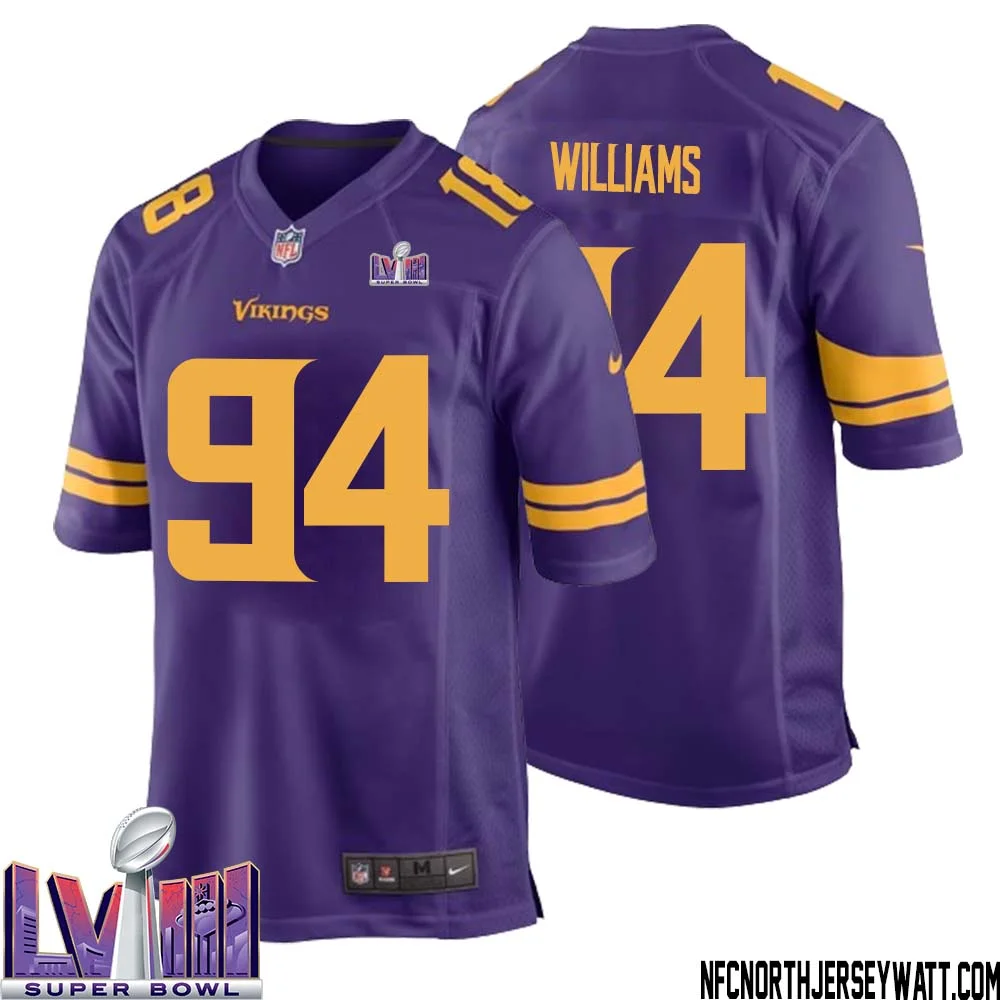 Pat Williams No 94 Minnesota Vikings Super Bowl LVIII Alternate Game Jersey Purple for Men 1