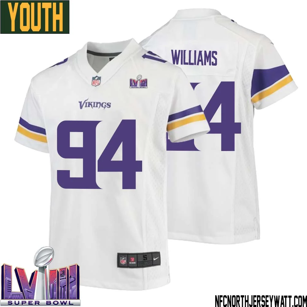 Pat Williams No 94 Minnesota Vikings Super Bowl LVIII Away Game Jersey White for Youth 1