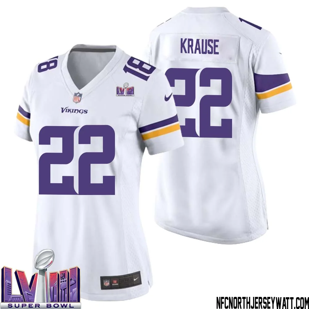 Paul Krause No 22 Minnesota Vikings Super Bowl LVIII Away Game Jersey White for Women 1