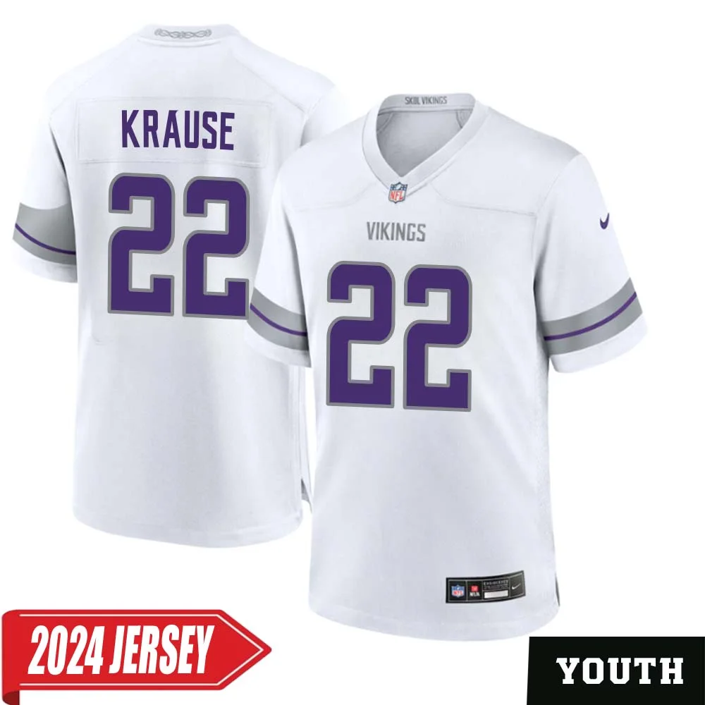 Paul Krause No 22 Youth s Minnesota Vikings White Alternate Custom Game 2024 Jersey