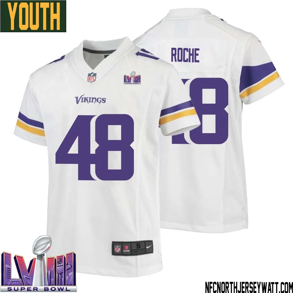 Quincy Roche No 48 Minnesota Vikings Super Bowl LVIII Away Game Jersey White for Youth 1