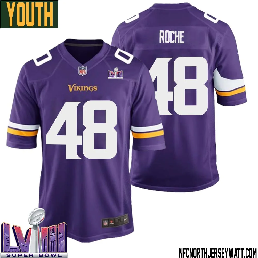 Quincy Roche No 48 Minnesota Vikings Super Bowl LVIII Home Game Jersey Court Purple for Youth