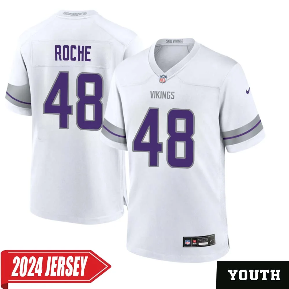 Quincy Roche No 48 Youth s Minnesota Vikings White Alternate Custom Game 2024 Jersey