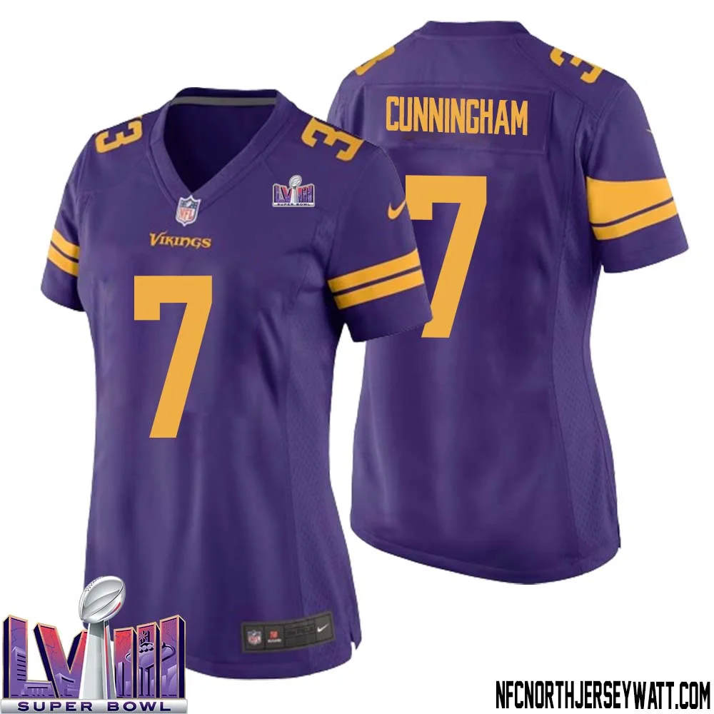 Randall Cunningham No 7 Minnesota Vikings Super Bowl LVIII Alternate Game Jersey Purple for Women 1