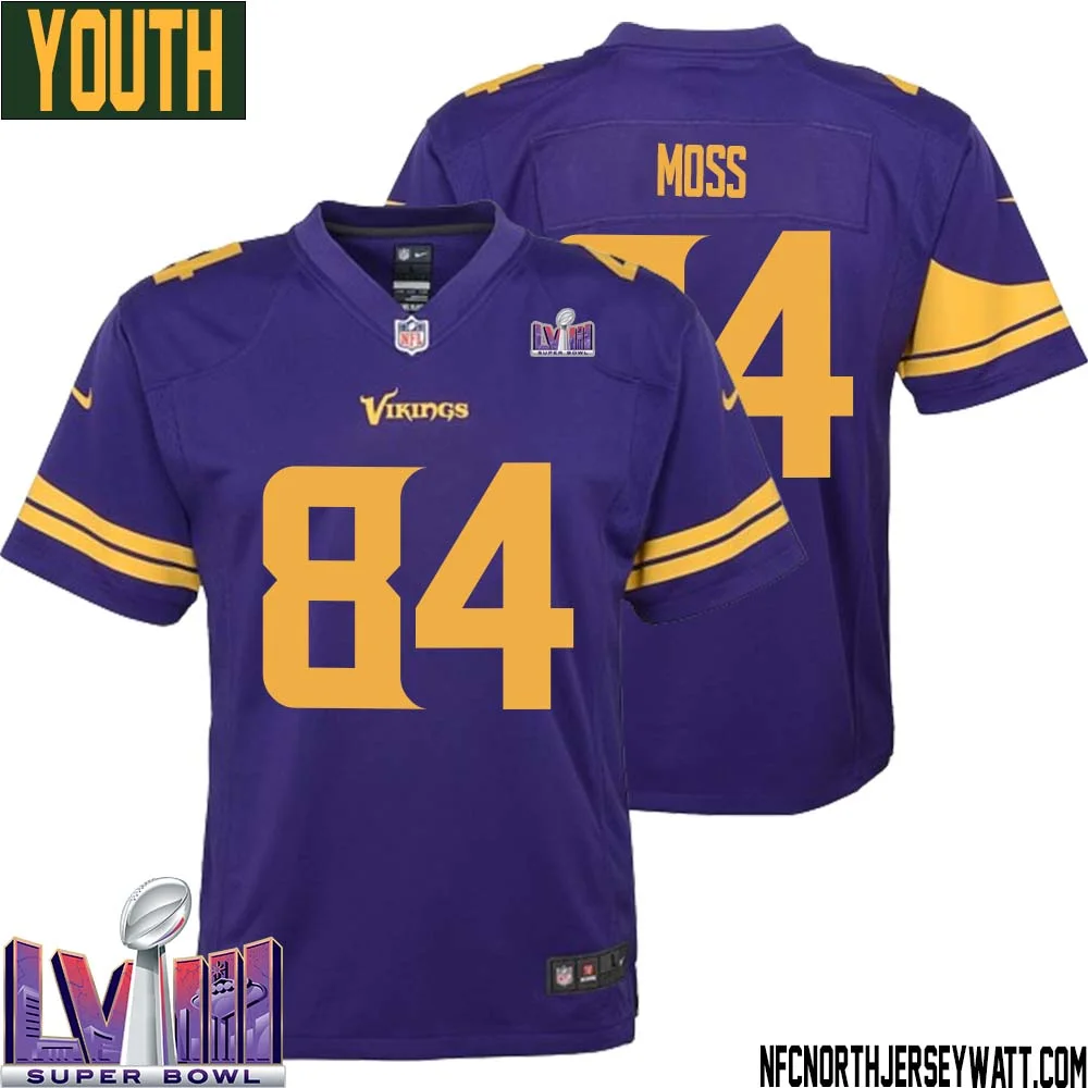 Randy Moss No 84 Minnesota Vikings Super Bowl LVIII Alternate Game Jersey Purple for Youth
