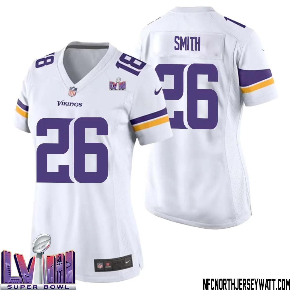 Robert Smith No 26 Minnesota Vikings Super Bowl LVIII Away Game Jersey White for Women 1