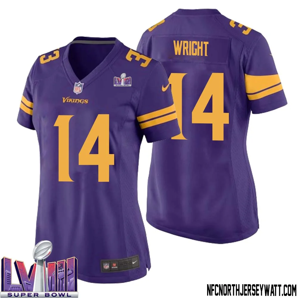 Ryan Wright No 14 Minnesota Vikings Super Bowl LVIII Alternate Game Jersey Purple for Women 1