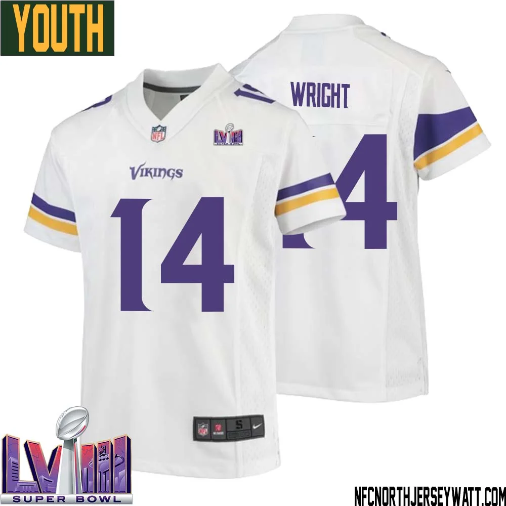 Ryan Wright No 14 Minnesota Vikings Super Bowl LVIII Away Game Jersey White for Youth