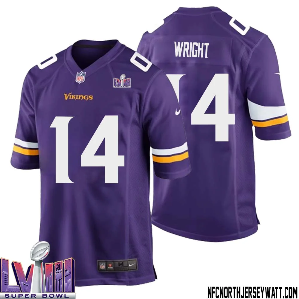 Ryan Wright No 14 Minnesota Vikings Super Bowl LVIII Home Game Jersey Court Purple for Mens