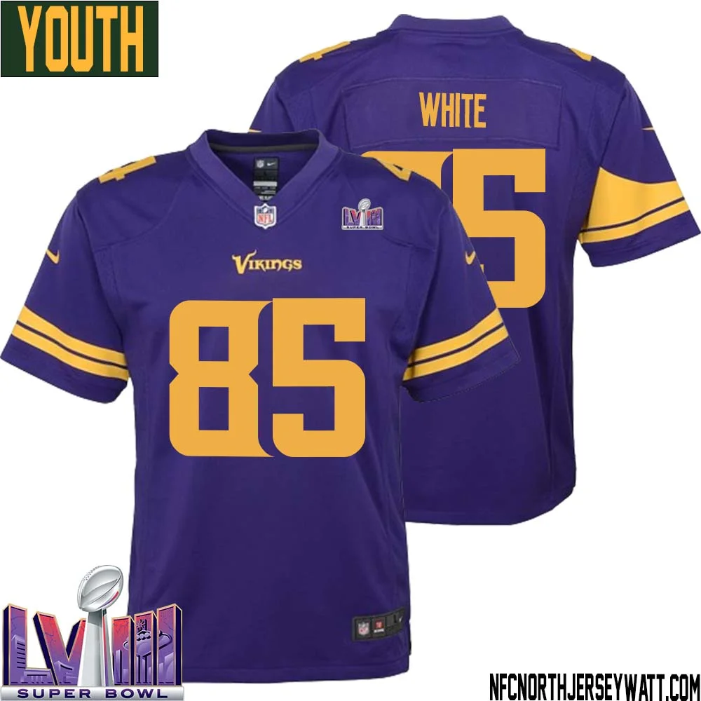 Sammy White No 85 Minnesota Vikings Super Bowl LVIII Alternate Game Jersey Purple for Youth 1