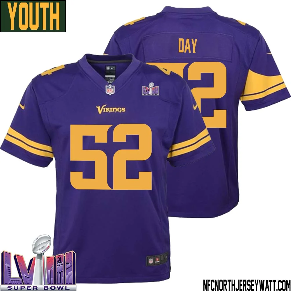 Sheldon Day No 52 Minnesota Vikings Super Bowl LVIII Alternate Game Jersey Purple for Youth
