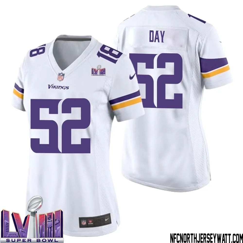 Sheldon Day No 52 Minnesota Vikings Super Bowl LVIII Away Game Jersey White for Women 1