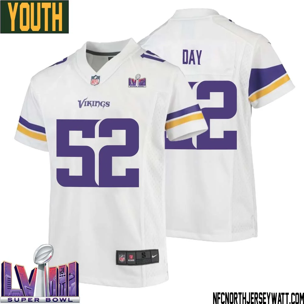 Sheldon Day No 52 Minnesota Vikings Super Bowl LVIII Away Game Jersey White for Youth