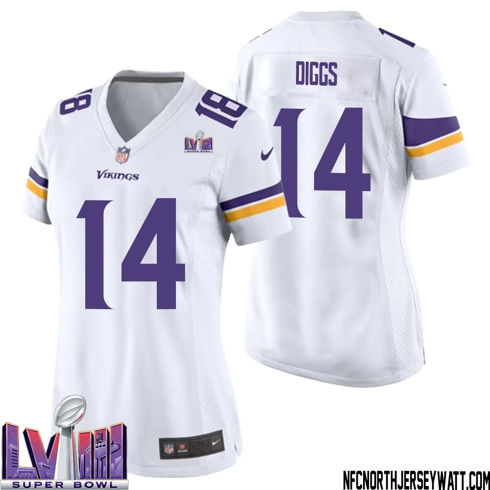 Stefon Diggs No 14 Minnesota Vikings Super Bowl LVIII Away Game Jersey White for Women