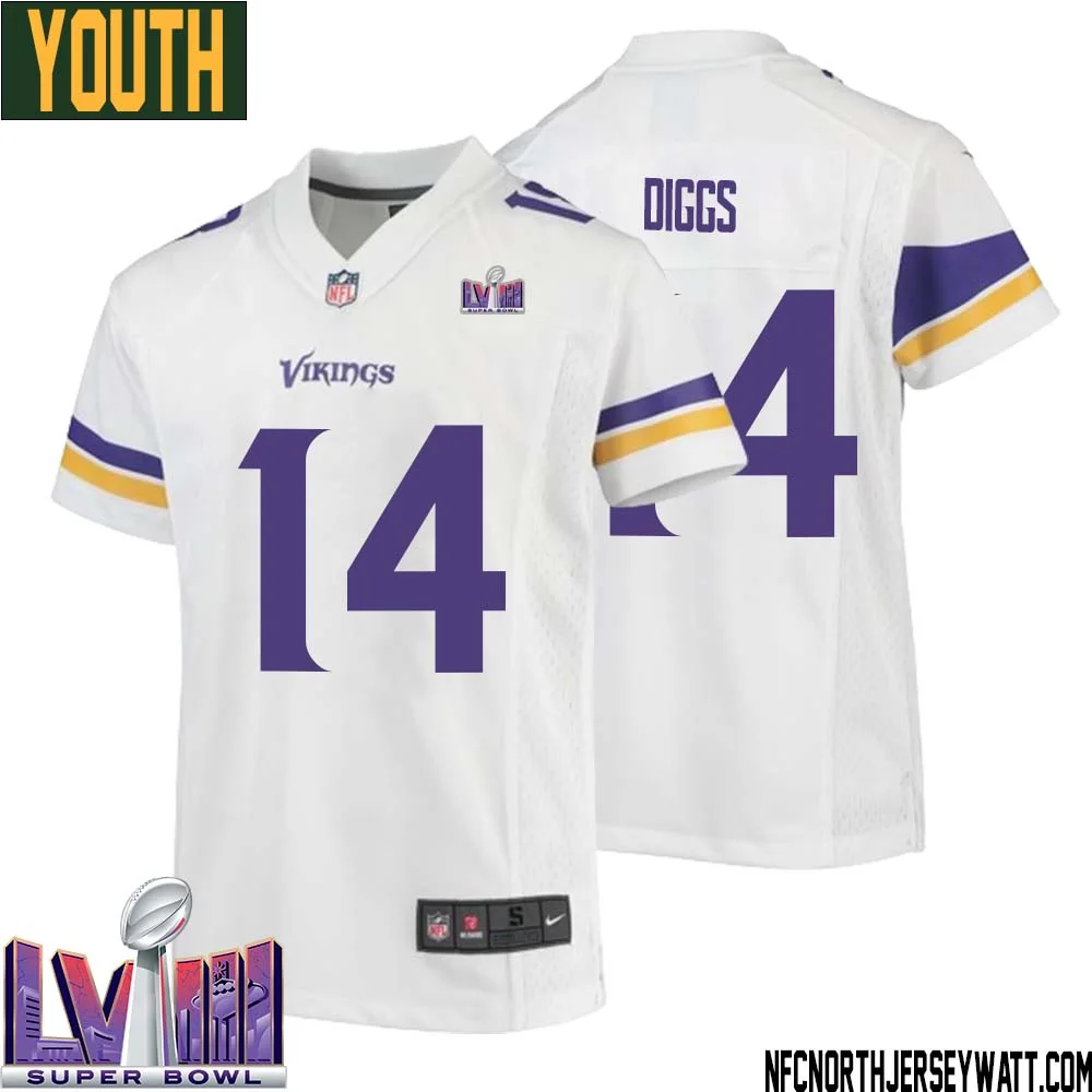 Stefon Diggs No 14 Minnesota Vikings Super Bowl LVIII Away Game Jersey White for Youth 1
