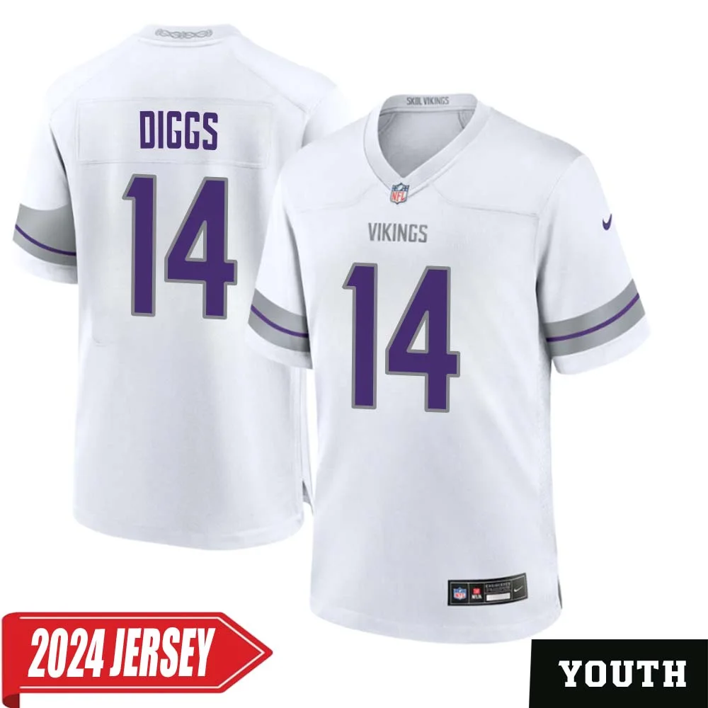 Stefon Diggs No 14 Youth s Minnesota Vikings White Alternate Custom Game 2024 Jersey