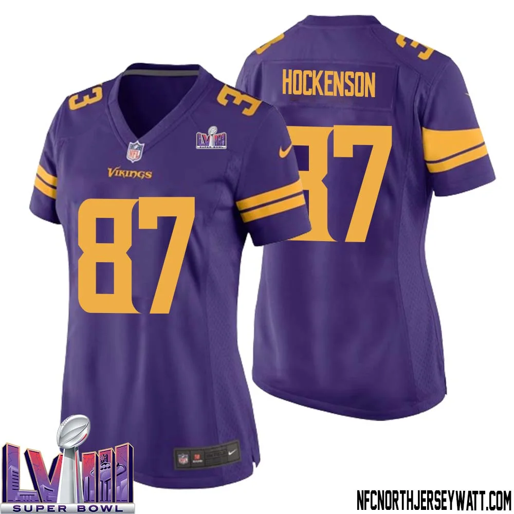 T.J. Hockenson No 87 Minnesota Vikings Super Bowl LVIII Alternate Game Jersey Purple for Women