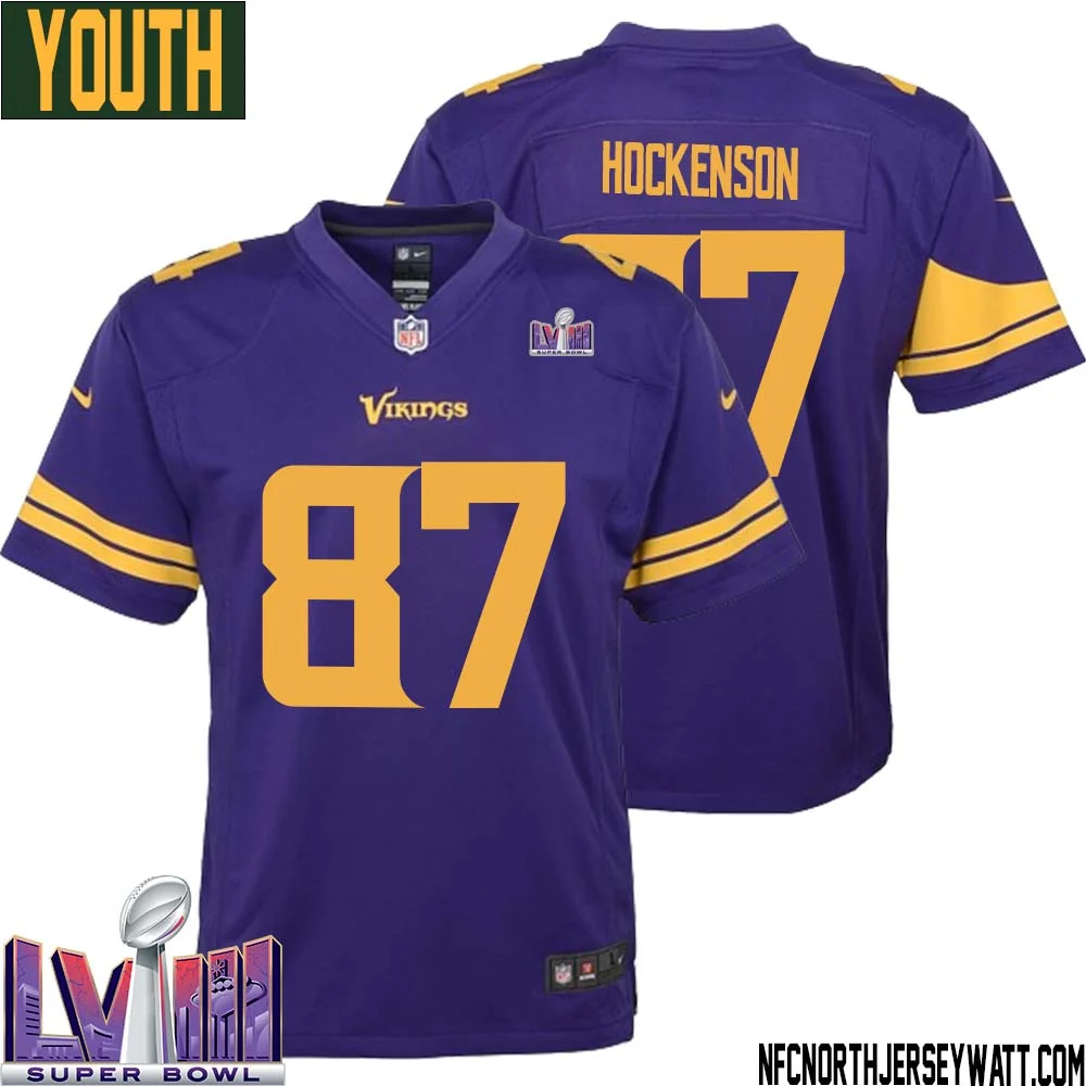 T.J. Hockenson No 87 Minnesota Vikings Super Bowl LVIII Alternate Game Jersey Purple for Youth 1