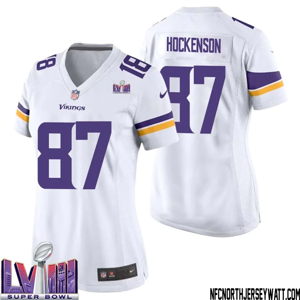 T.J. Hockenson No 87 Minnesota Vikings Super Bowl LVIII Away Game Jersey White for Women 1