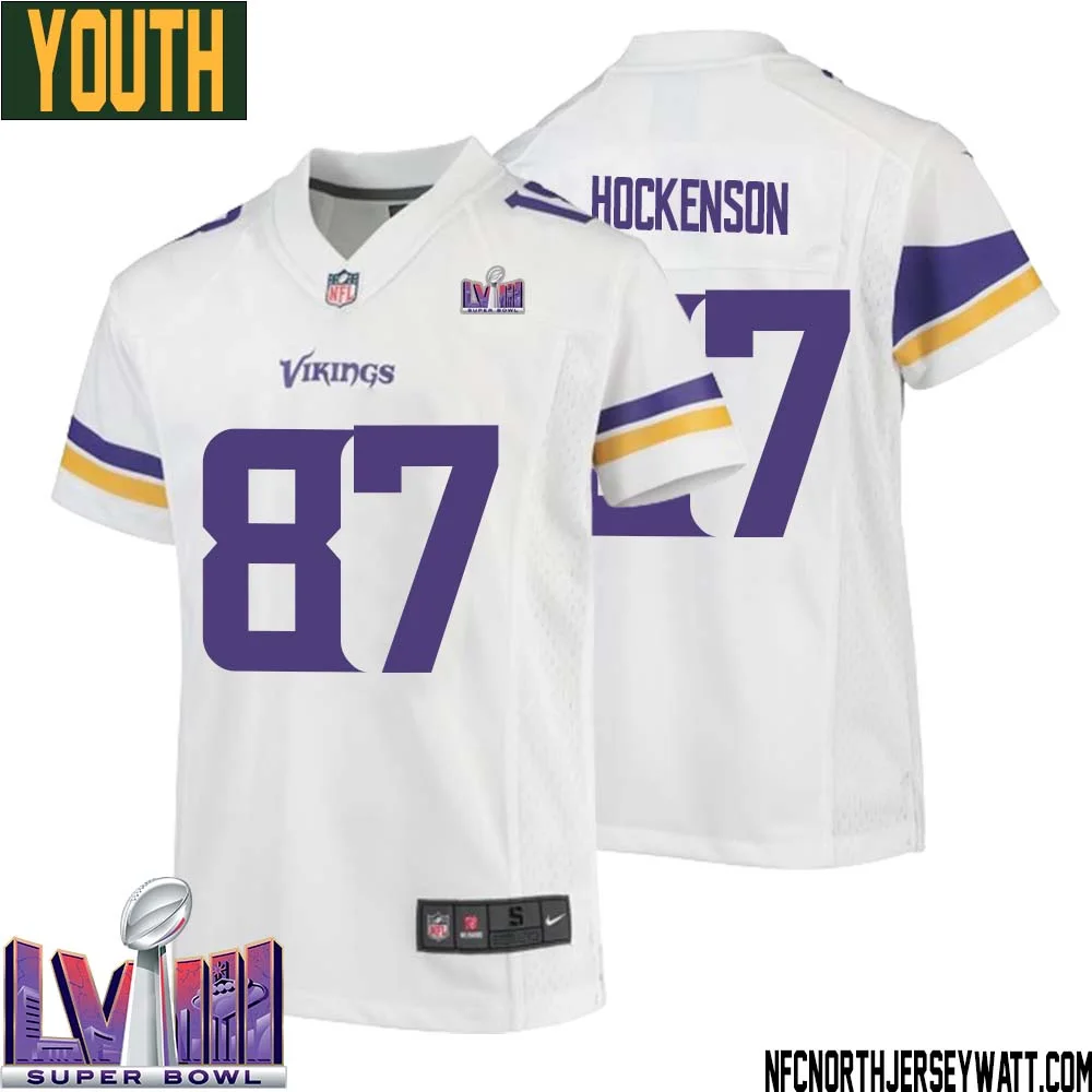 T.J. Hockenson No 87 Minnesota Vikings Super Bowl LVIII Away Game Jersey White for Youth