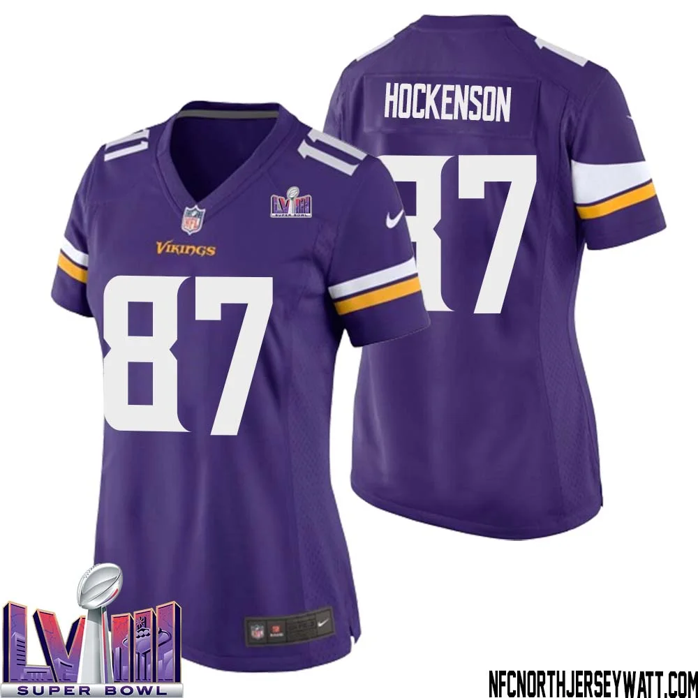 T.J. Hockenson No 87 Minnesota Vikings Super Bowl LVIII Home Game Jersey Court Purple for Women