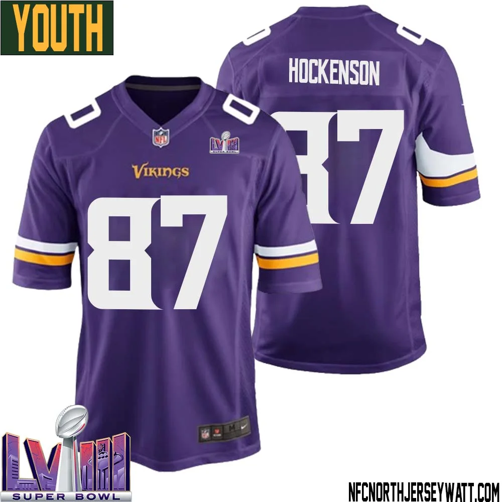 T.J. Hockenson No 87 Minnesota Vikings Super Bowl LVIII Home Game Jersey Court Purple for Youth 1