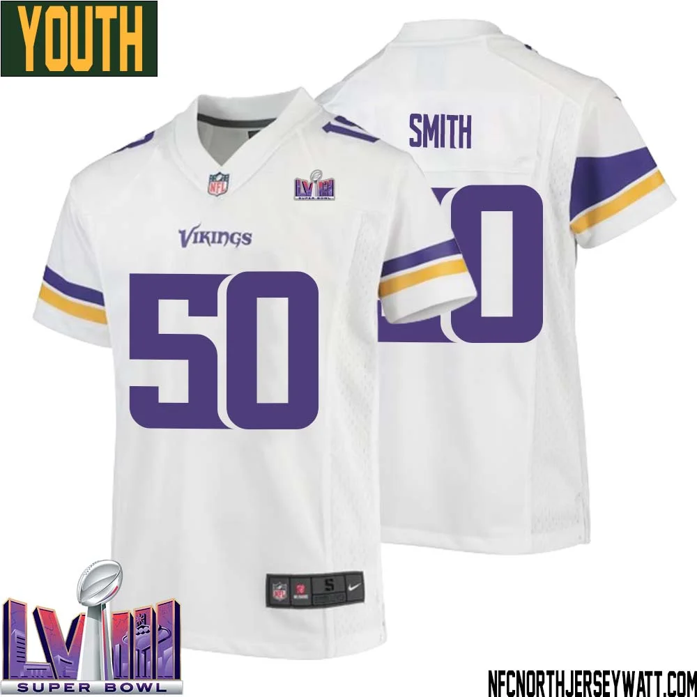 T.J. Smith No 50 Minnesota Vikings Super Bowl LVIII Away Game Jersey White for Youth 1