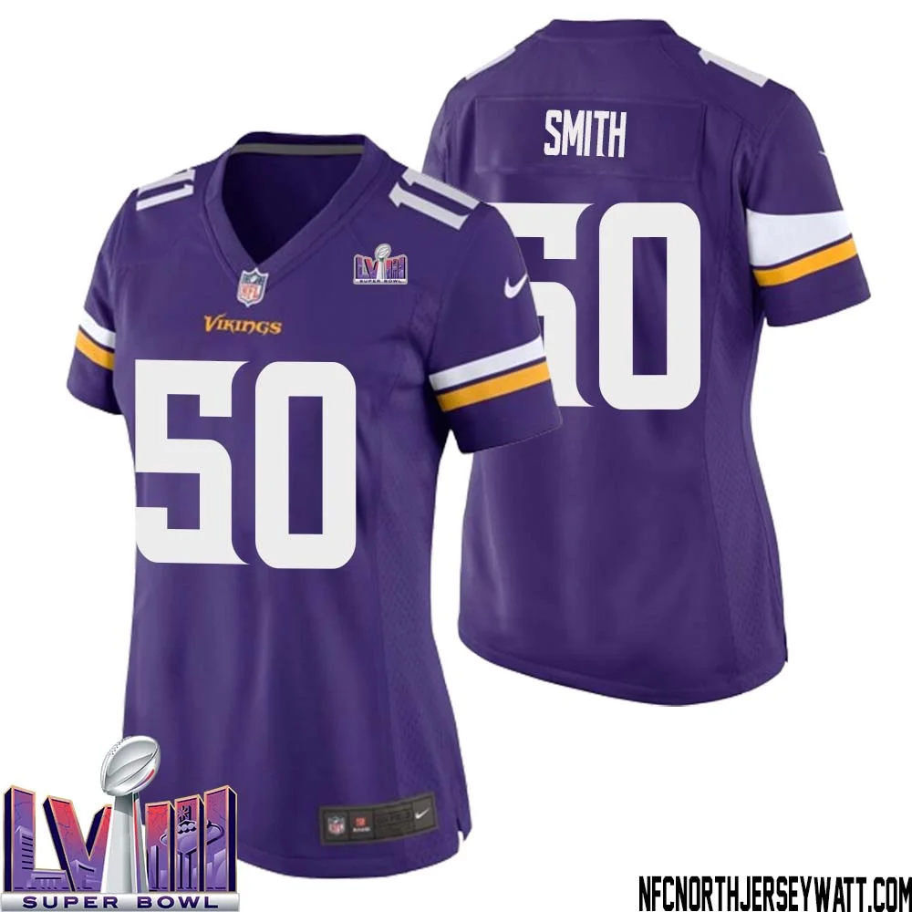 T.J. Smith No 50 Minnesota Vikings Super Bowl LVIII Home Game Jersey Court Purple for Women