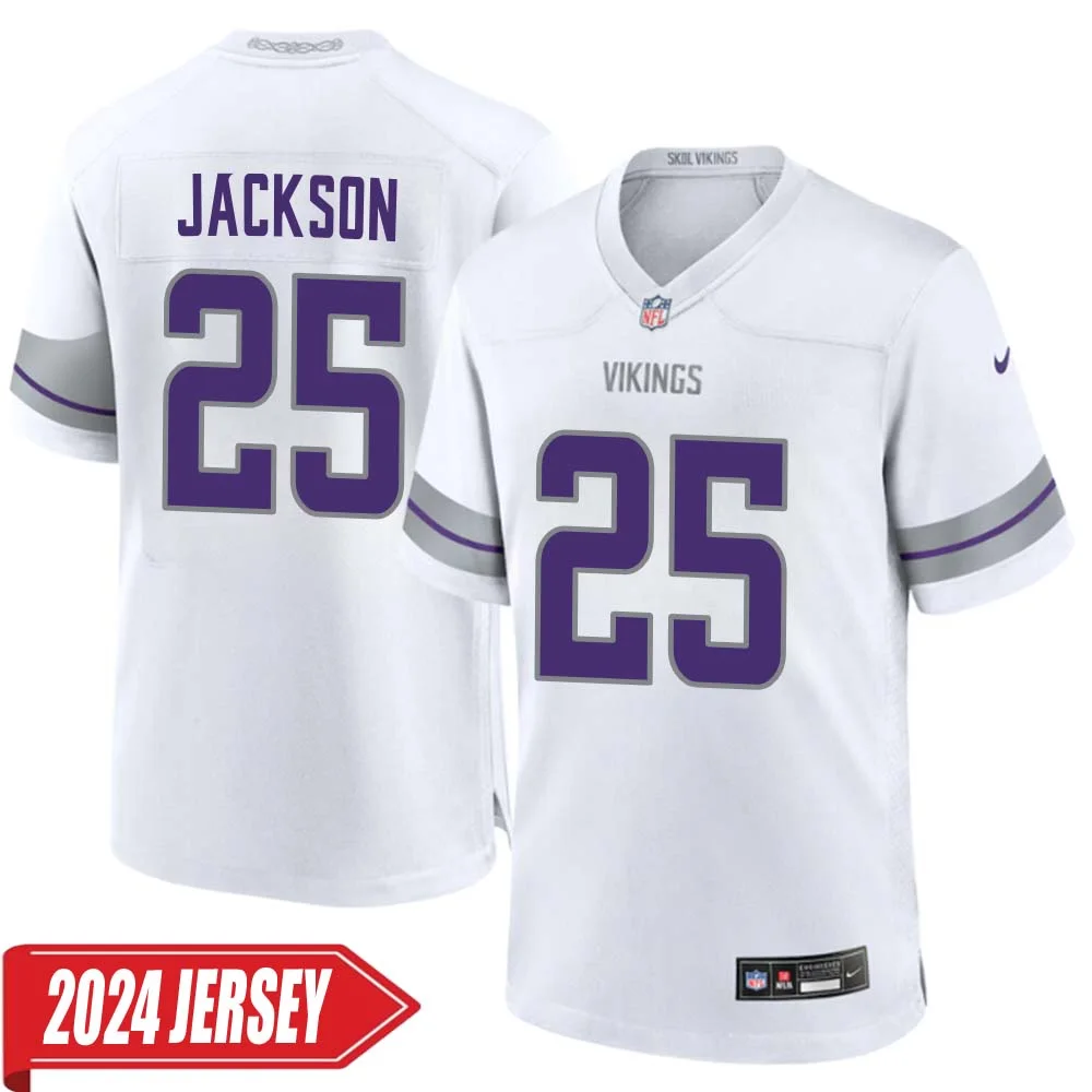 Theo Jackson No 25 Men s Minnesota Vikings White Alternate Custom Game 2024 Jersey