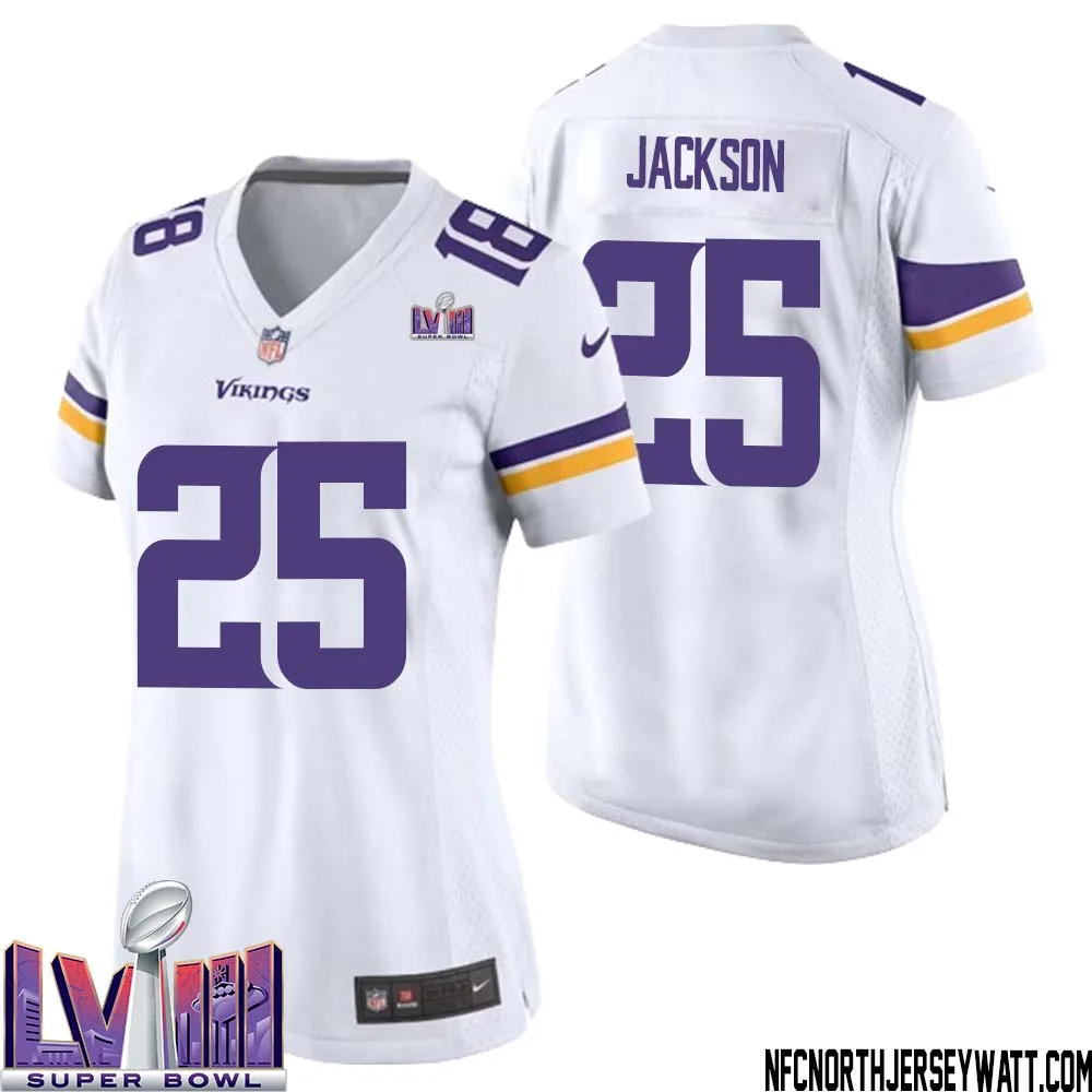 Theo Jackson No 25 Minnesota Vikings Super Bowl LVIII Away Game Jersey White for Women 1