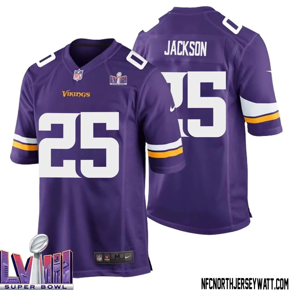 Theo Jackson No 25 Minnesota Vikings Super Bowl LVIII Home Game Jersey Court Purple for Mens 1