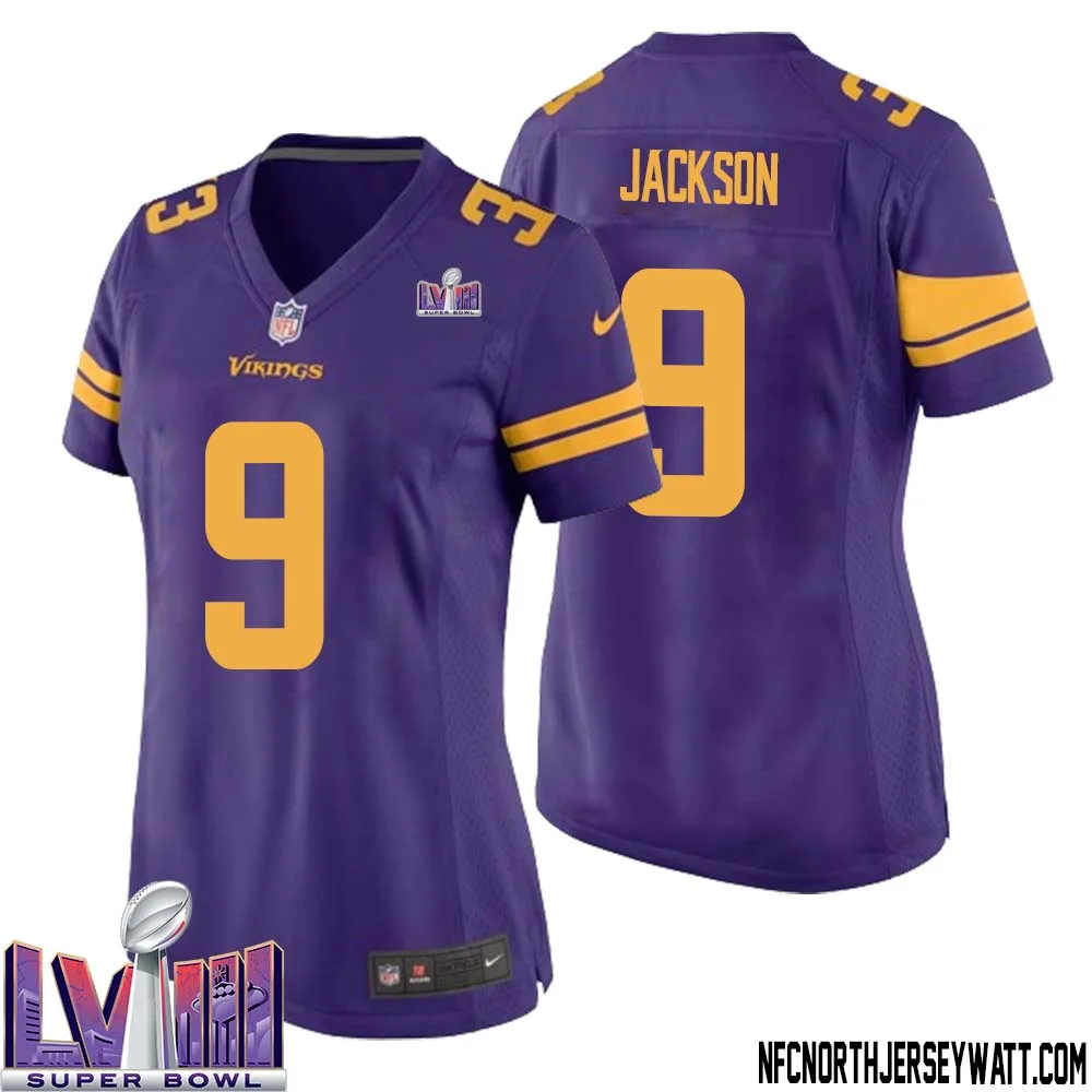 Trishton Jackson No 9 Minnesota Vikings Super Bowl LVIII Alternate Game Jersey Purple for Women
