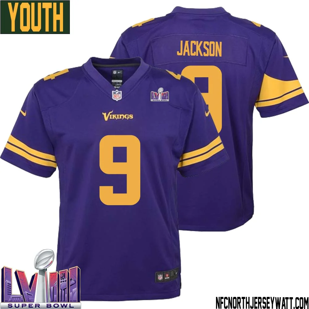 Trishton Jackson No 9 Minnesota Vikings Super Bowl LVIII Alternate Game Jersey Purple for Youth 1