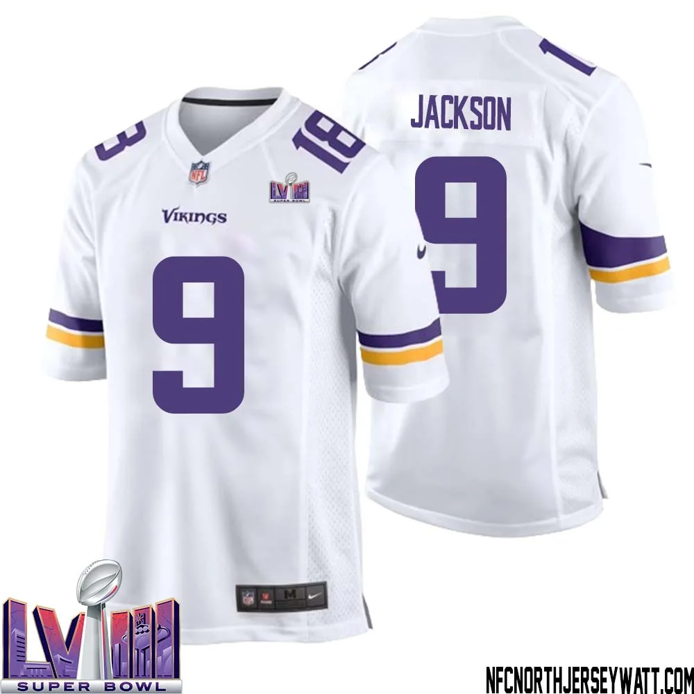 Trishton Jackson No 9 Minnesota Vikings Super Bowl LVIII Away Game Jersey White for Men 1