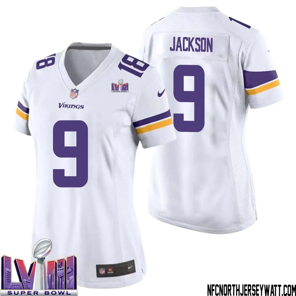 Trishton Jackson No 9 Minnesota Vikings Super Bowl LVIII Away Game Jersey White for Women 1