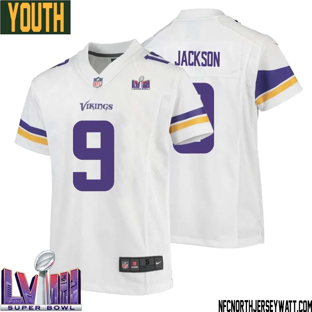 Trishton Jackson No 9 Minnesota Vikings Super Bowl LVIII Away Game Jersey White for Youth