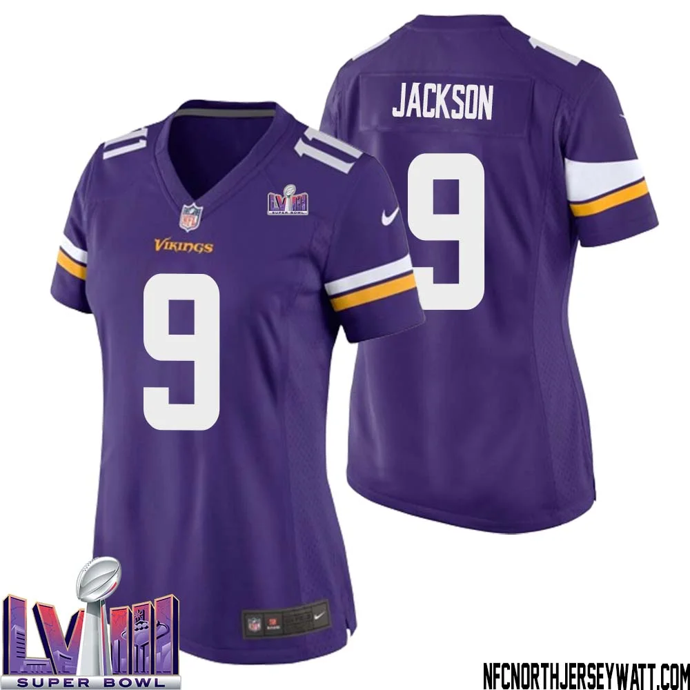 Trishton Jackson No 9 Minnesota Vikings Super Bowl LVIII Home Game Jersey Court Purple for Women 1