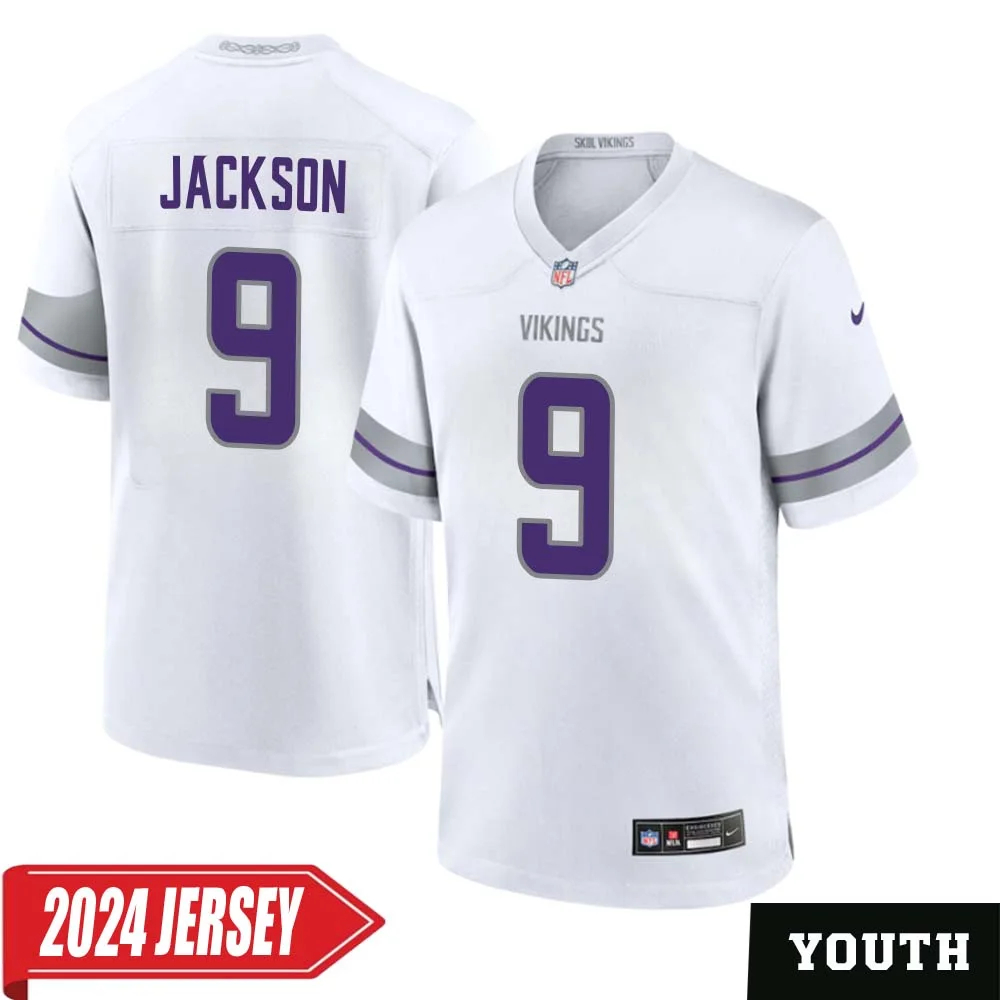 Trishton Jackson No 9 Youth s Minnesota Vikings White Alternate Custom Game 2024 Jersey