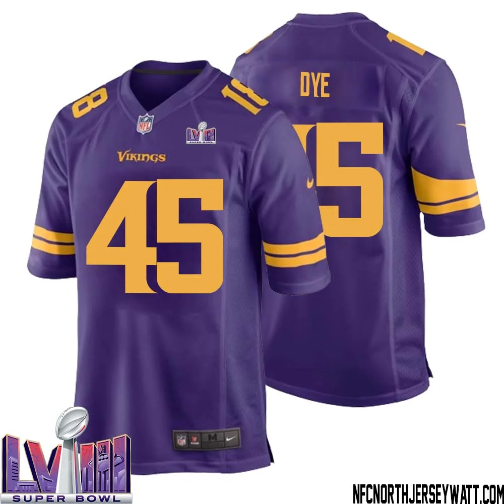Troy Dye No 45 Minnesota Vikings Super Bowl LVIII Alternate Game Jersey Purple for Men