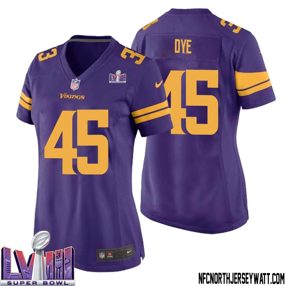 Troy Dye No 45 Minnesota Vikings Super Bowl LVIII Alternate Game Jersey Purple for Women 1