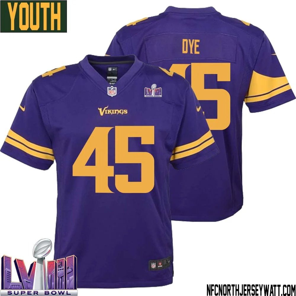 Troy Dye No 45 Minnesota Vikings Super Bowl LVIII Alternate Game Jersey Purple for Youth